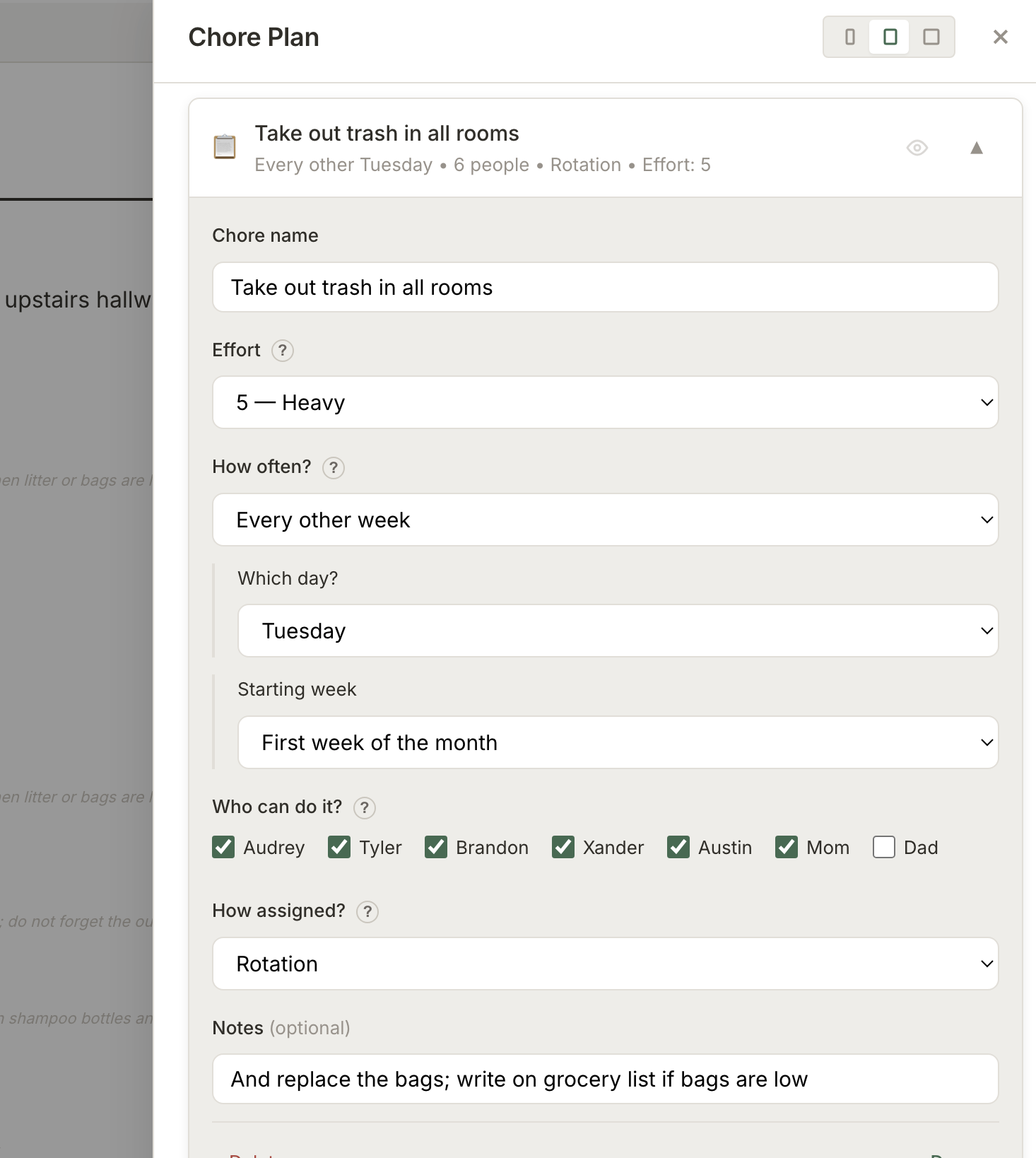 Chore configuration form showing frequency, effort, and assignment options
