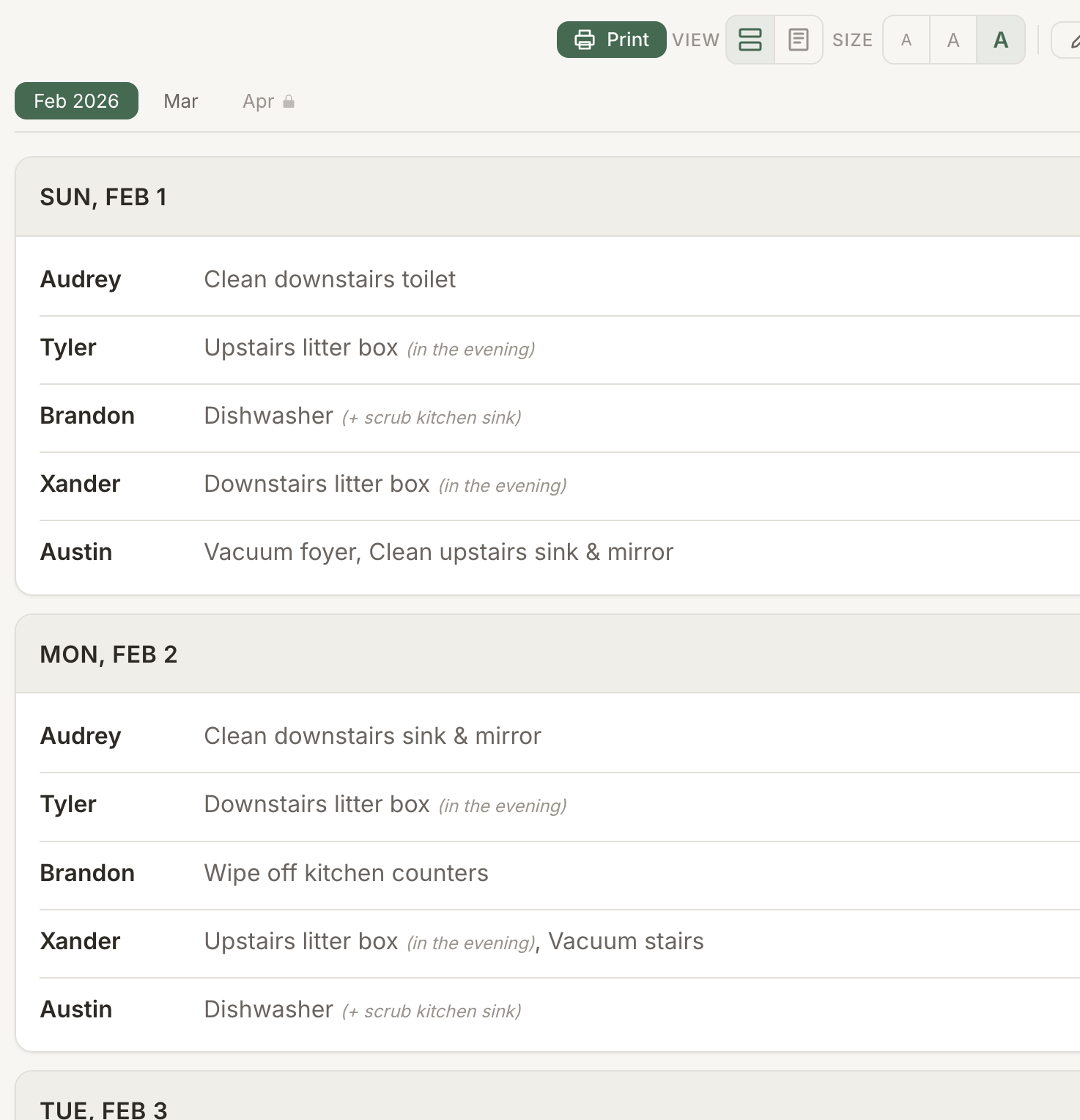 ChorePlanner schedule view showing daily chore assignments for a family of five