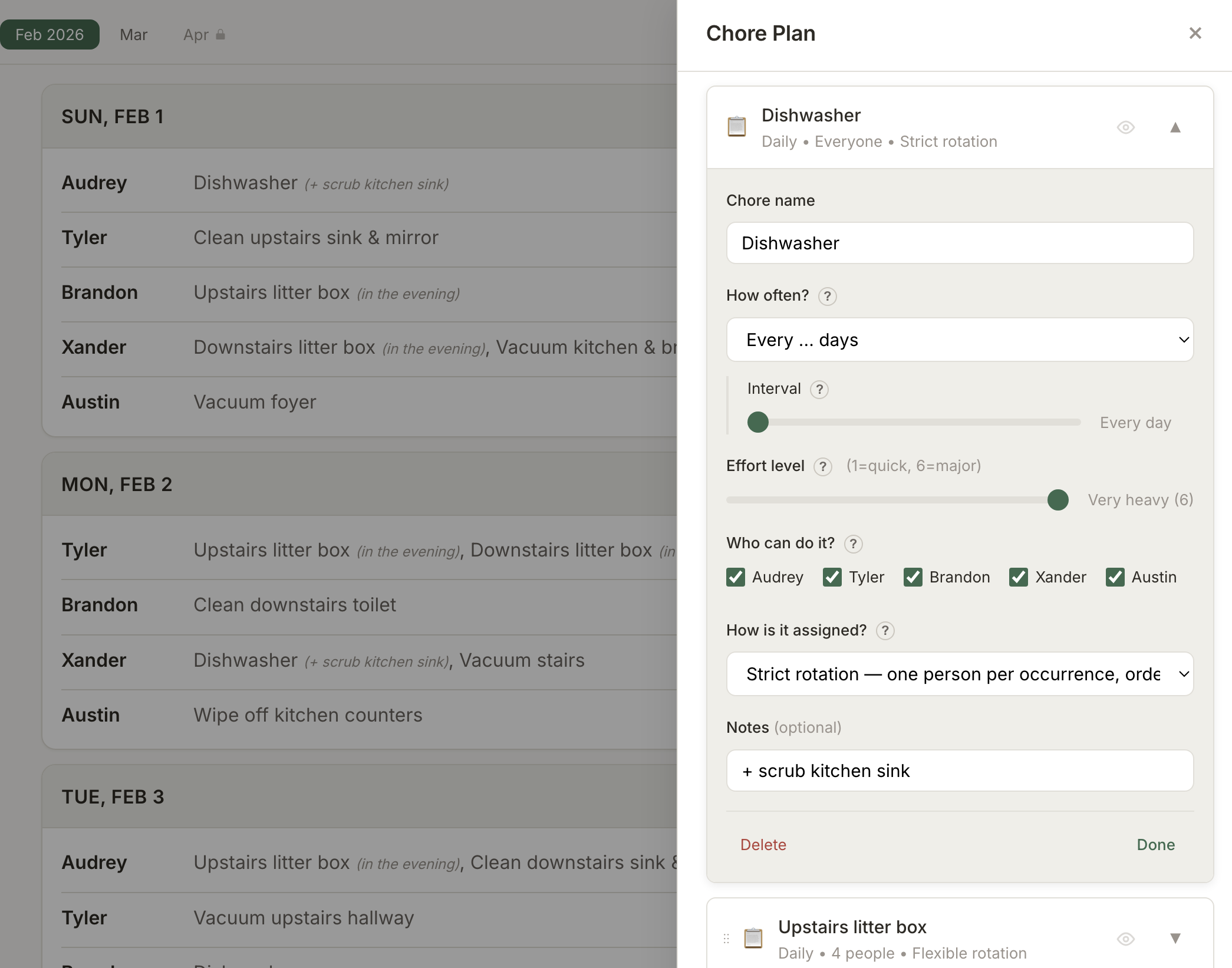 Chore configuration form showing frequency, effort, and assignment options