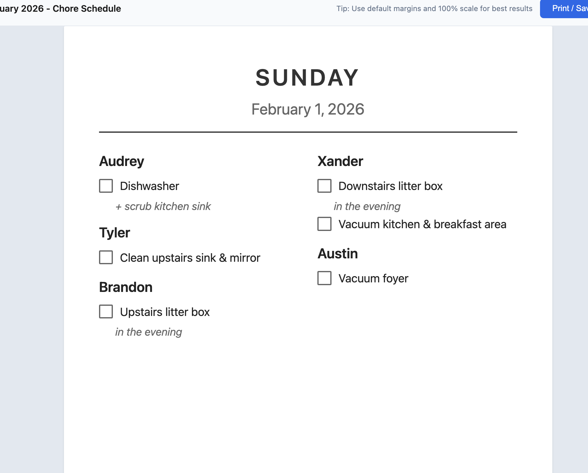 Print-ready daily chore page with checkboxes