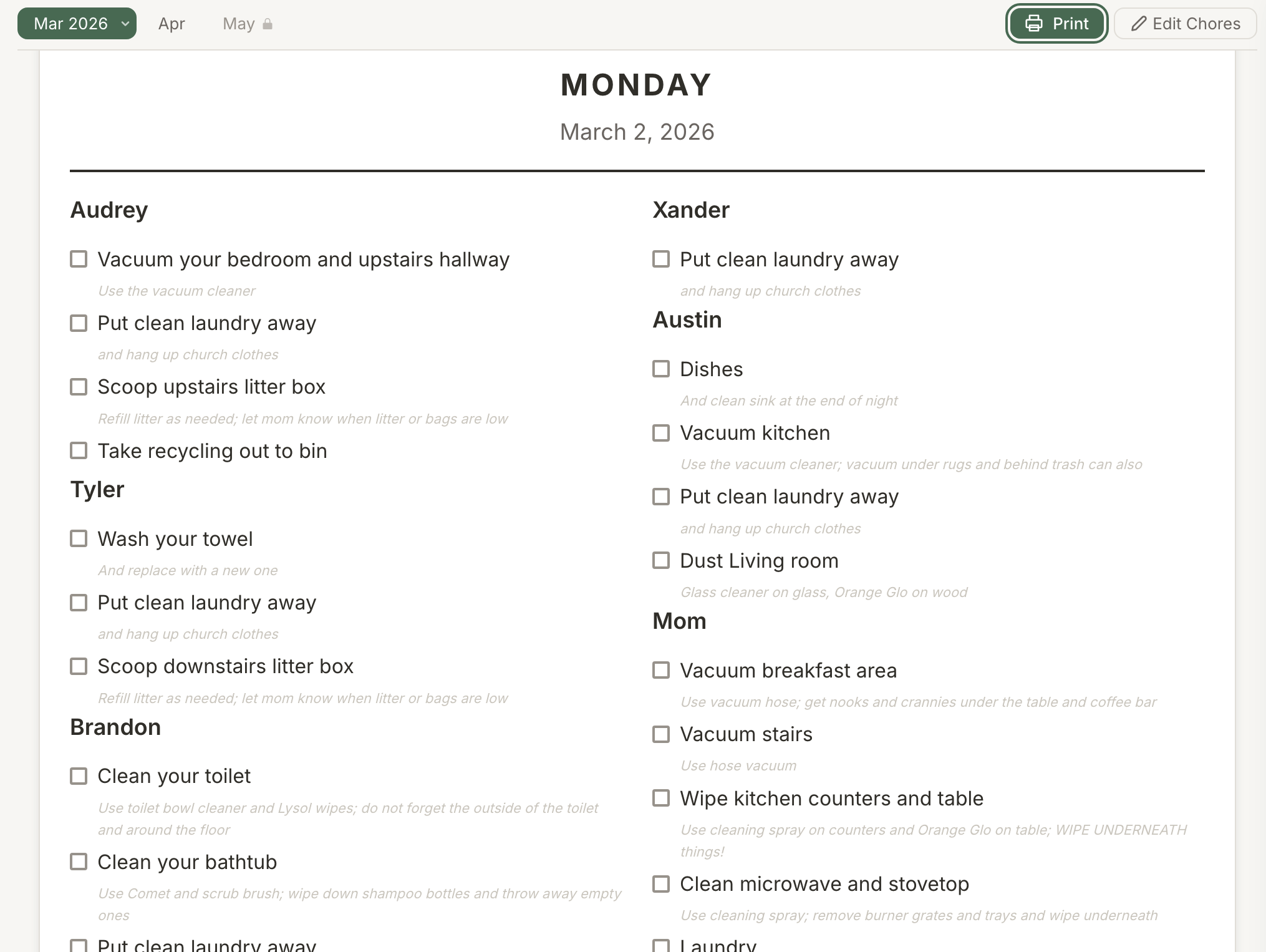 Generated monthly schedule with daily chore assignments